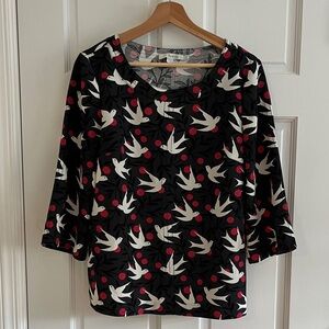 Boden Black and White Bird Print Blouse with Red Accents